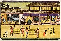Painter Utagawa Hiroshige painted moxa store of KAMEYA-IBUKIDO at KASHIHARA in his painting of "KISOKAIDO 69 Inns"